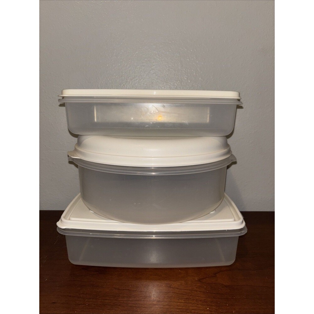 3 Vintage Rubbermaid BIG Servin’ Saver Set: 7 Cup + 22 Cup + 17 Cup Almond Lids